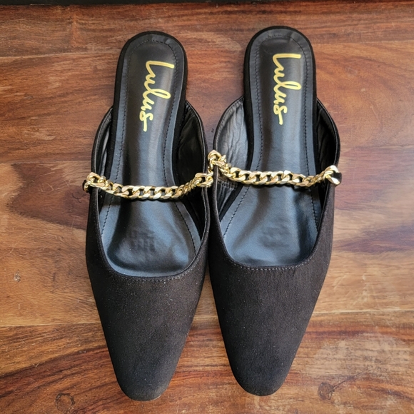 LULU'S Lavareta Black Suede Chain Pointed-Toe Loafer Slides 8.5 - Picture 3 of 14